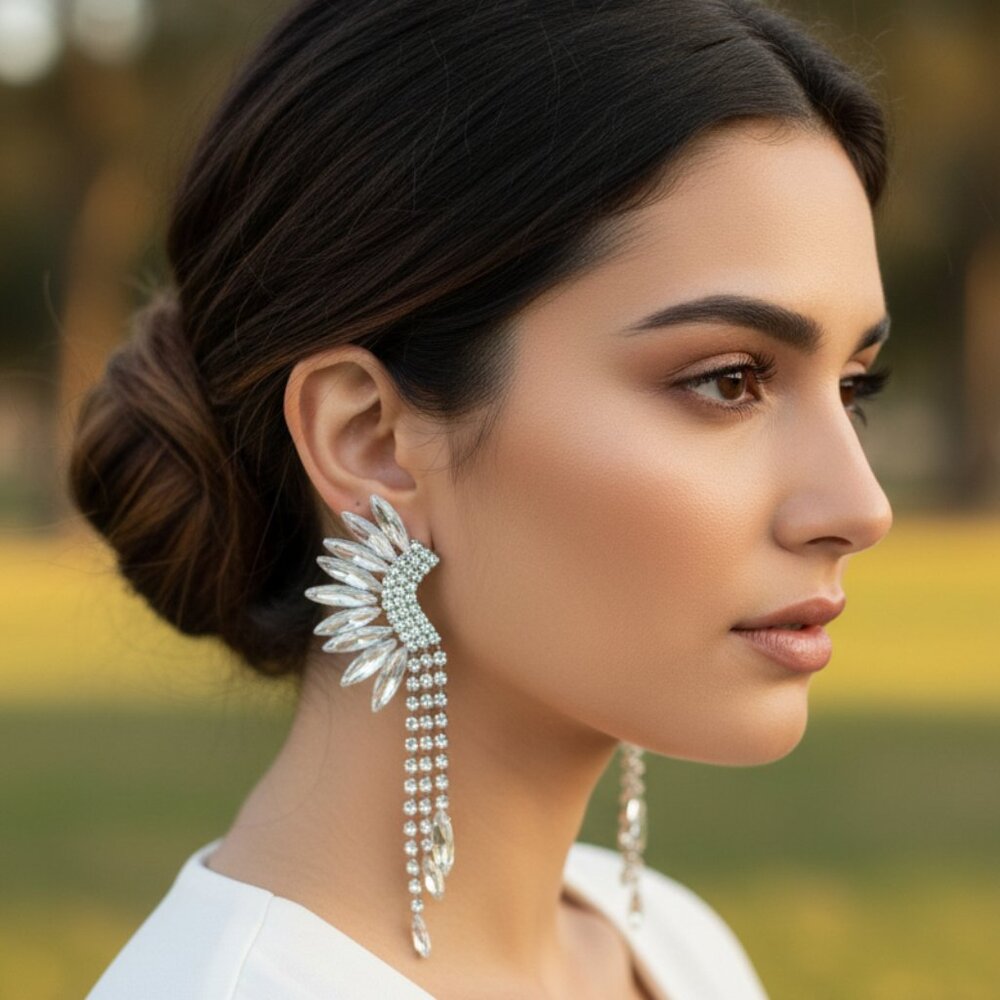 CZ Marquise Waterfall Earrings Silver Statement Bridal Wedding Ear Cuff Climber - Picture 13 of 13
